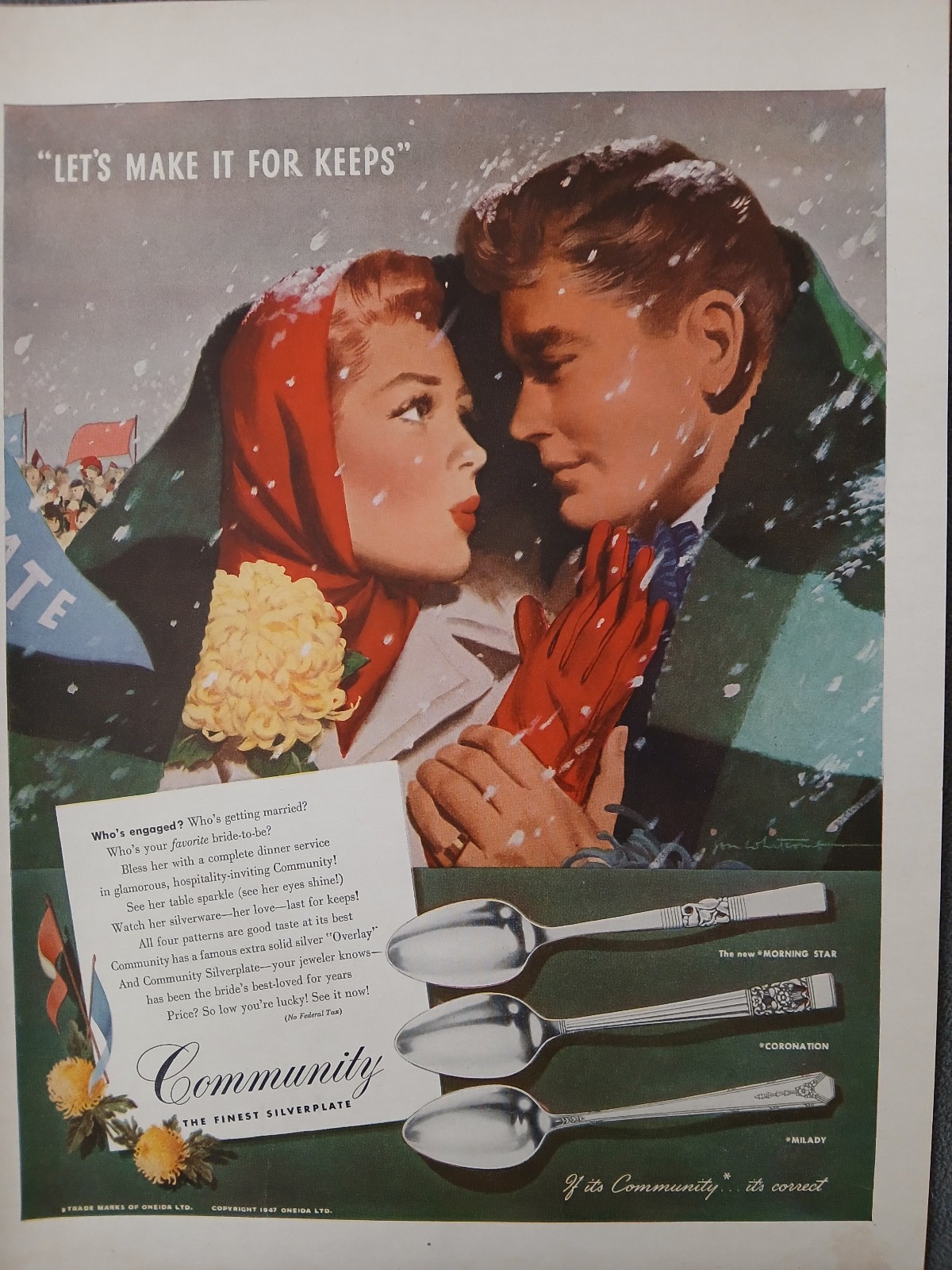 1947 Community Silverplate Print Ad “Let’s Make It For Keeps” Winter Romance 1947 Community Silverplate Print Ad “Let’s Make It For Keeps” Winter Romance
