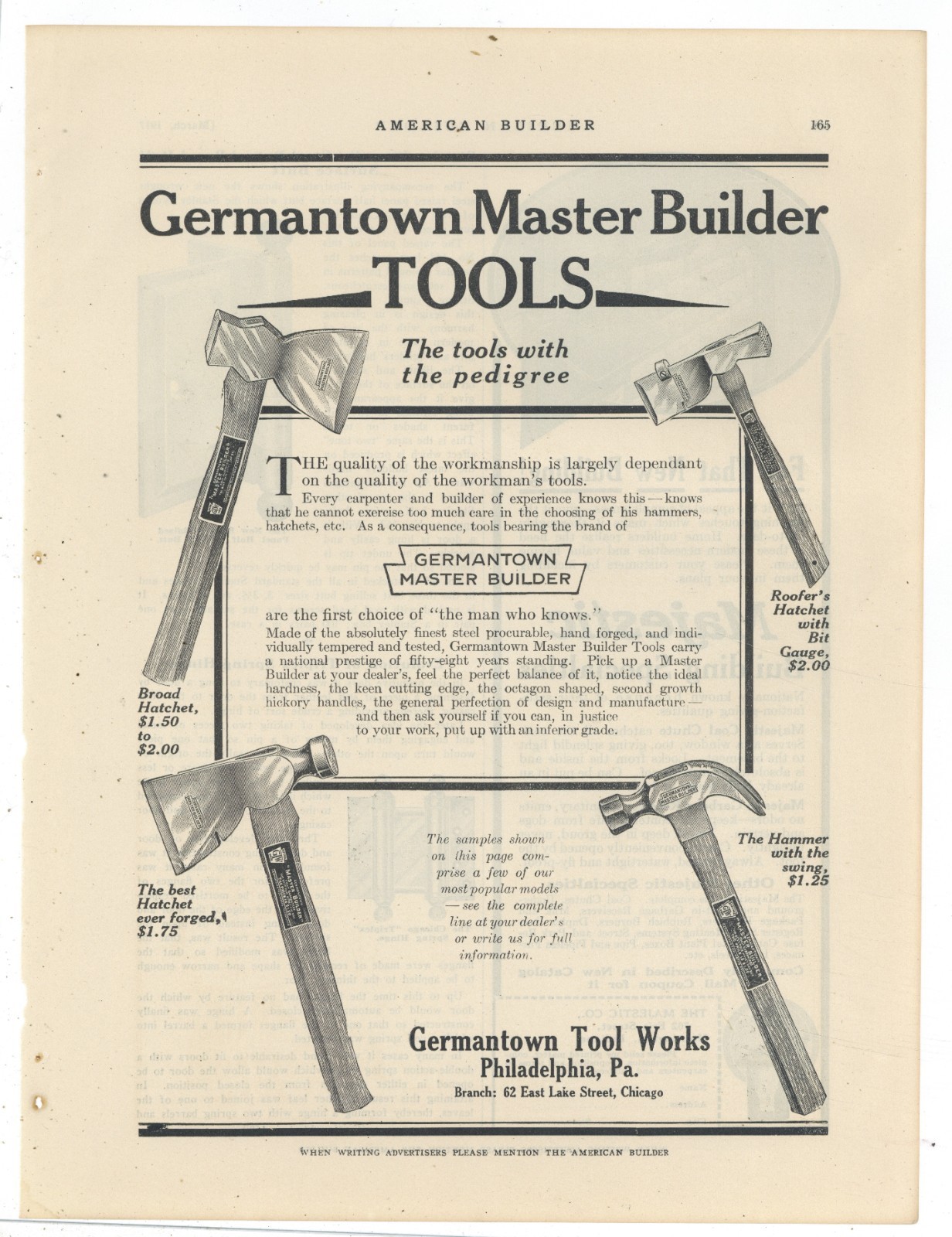 1917 Germantown Tool Works of Philadelphia Ad: Broad Hatchet, Roofer\'s Hatchet +