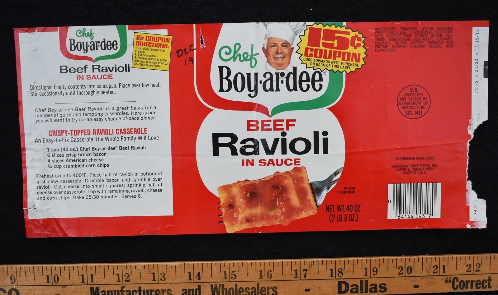 [ 1970s Chef Boy-ar-dee - Beef Ravioli CAN LABEL - Vintage Food Packaging ]