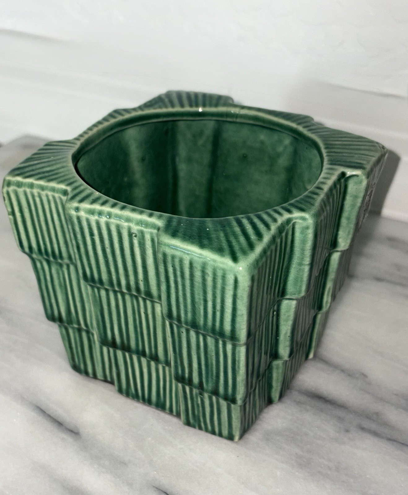 Vtg. McCoy Pottery Small Square Green Basketweave Planter-USA