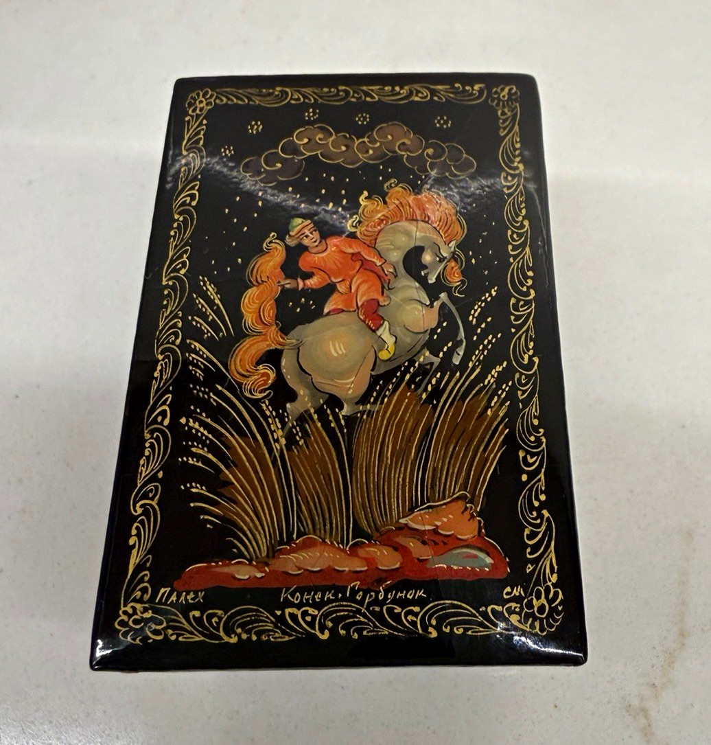 Rare-Palekh Konyok-Gorbunok Russian Lacquer Trinket Box Little Humpbacked Horse