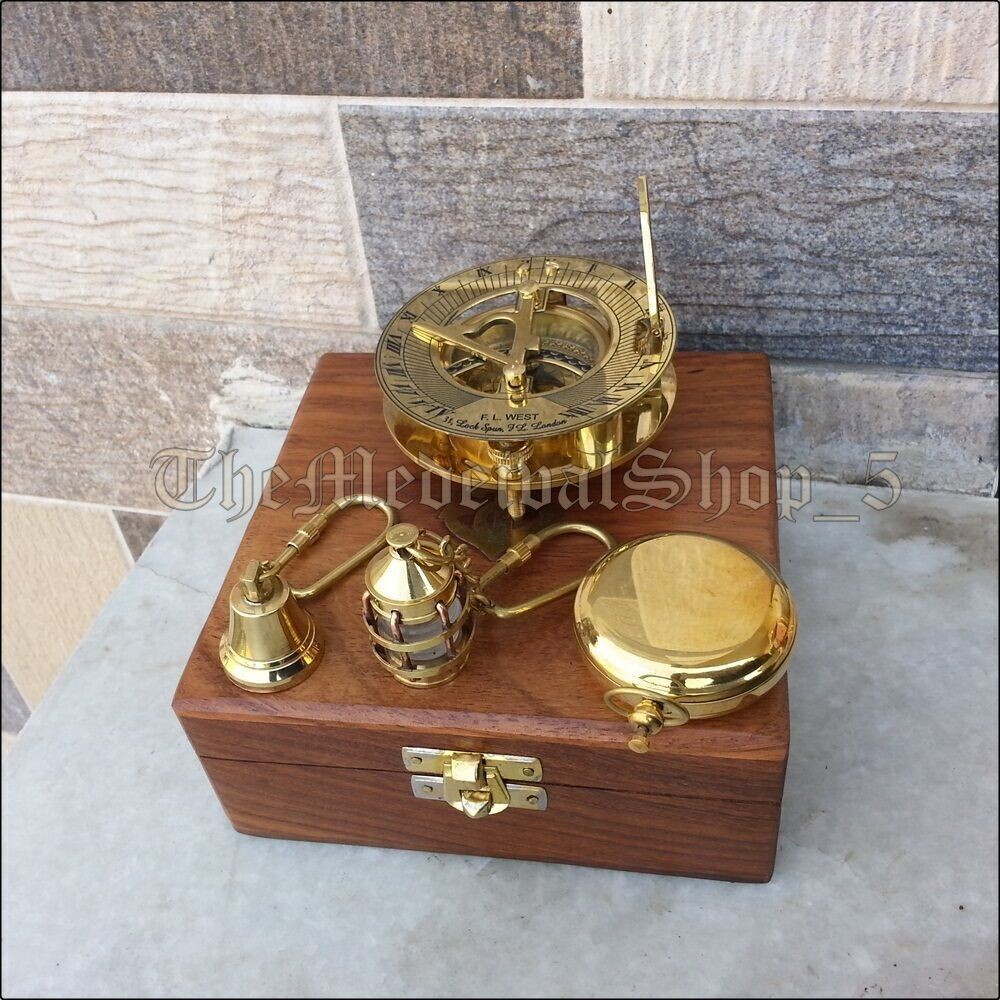 Antique Solid Brass Compass With Bell Key Chain With Brown Wooden Box Gift Antique Solid Brass Compass With Bell Key Chain With Brown Wooden Box Gift