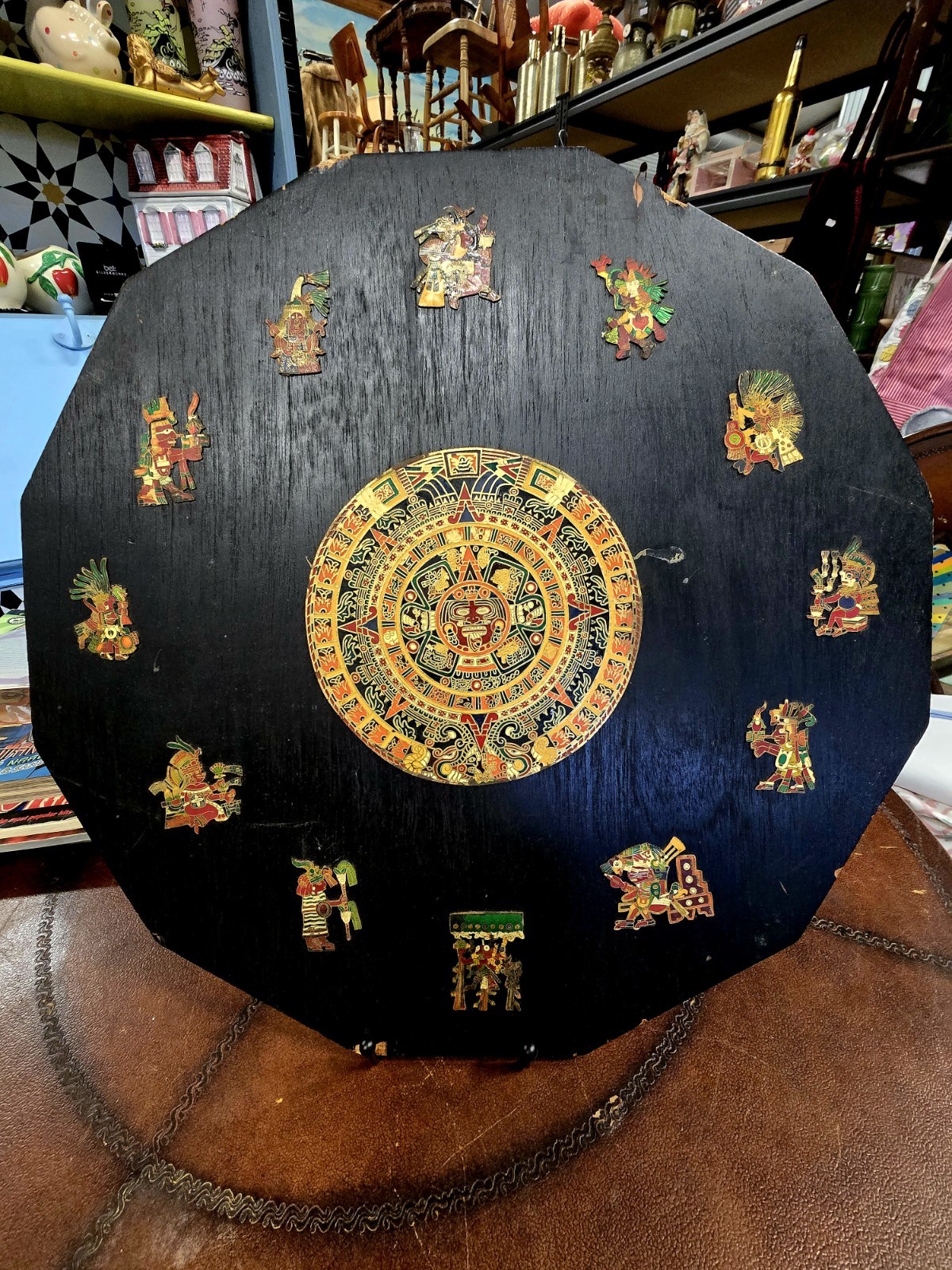Aztec Medallions On Wood Backing, Enamel Inlay, 12 Small 1 Large, Folk Wall Art
