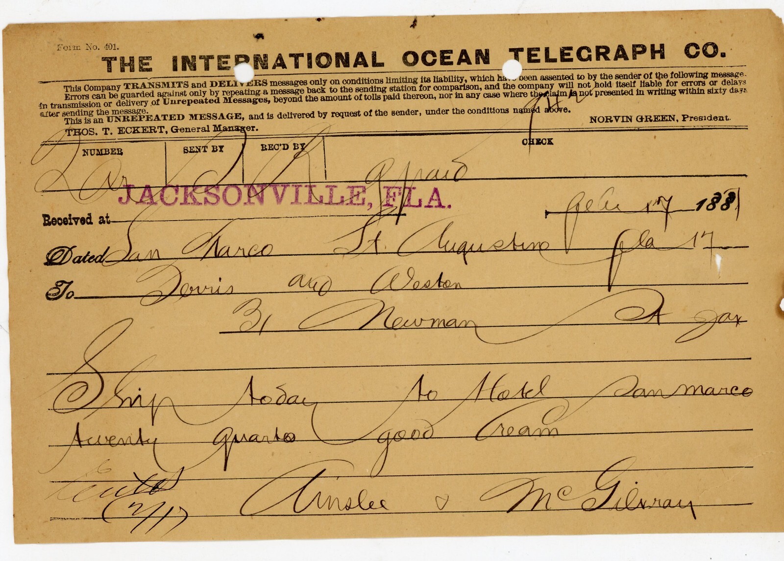 1889 Jacksonville Florida International Ocean Telegraph Telegram St. Augustine