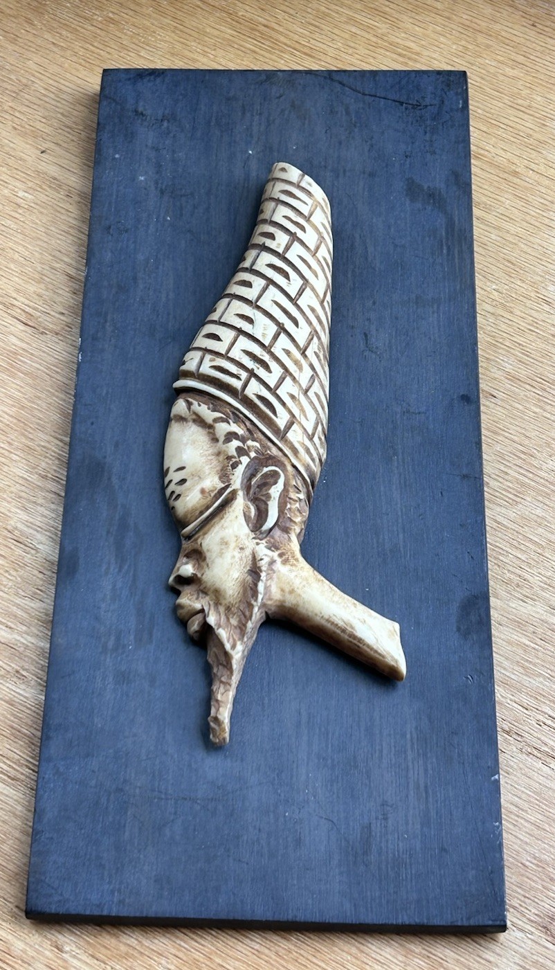 Vntg Hand Carved Natural Bone/Antler Bearded Elder/Chief Man Wall Plaque Art 6”