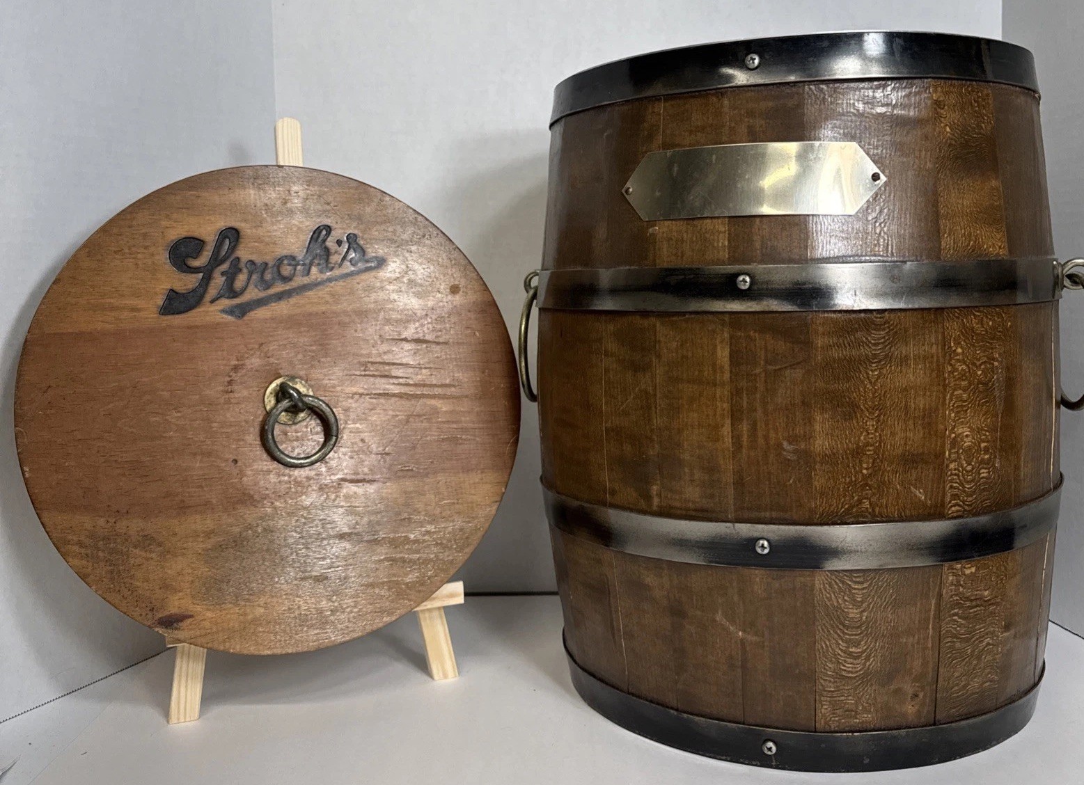 Vintage Stroh’s Beer Wooden Barrel Keg Cooler Large Advertising Brewery Bar sign
