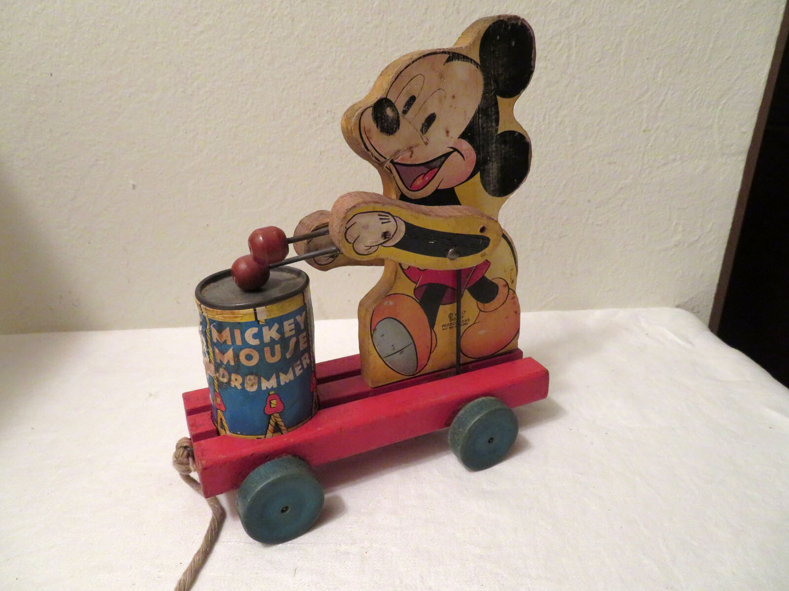 Vintage Mickey Mouse Drummer Pull Toy Walt Disney Productions AS IS
