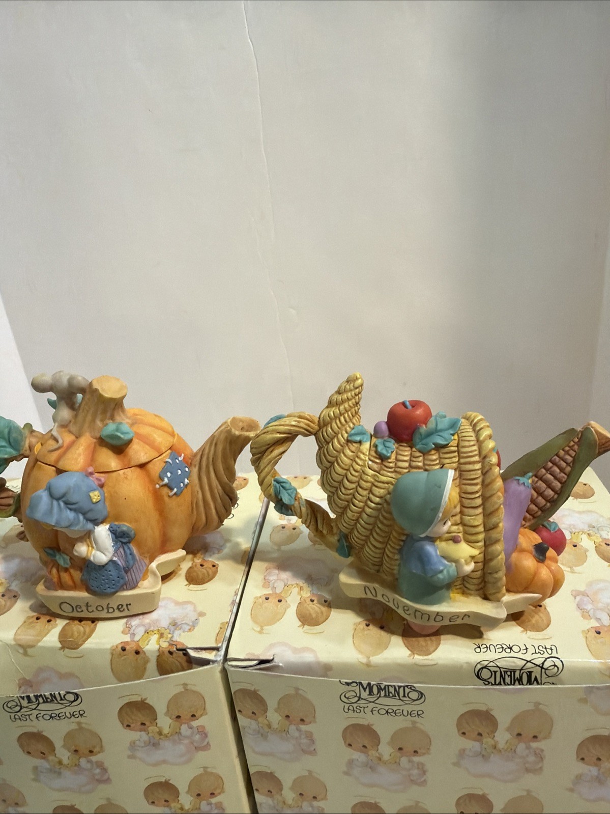 Vintage Precious Moments Last Forever October & November Tea Pots Boxed