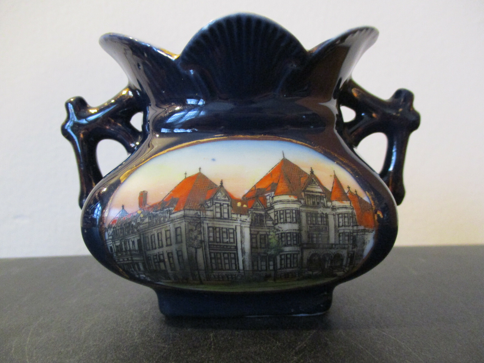 Circa 1910 Cobalt Blue Porcelain Souvenir Vase Masonic Home Utica New York #