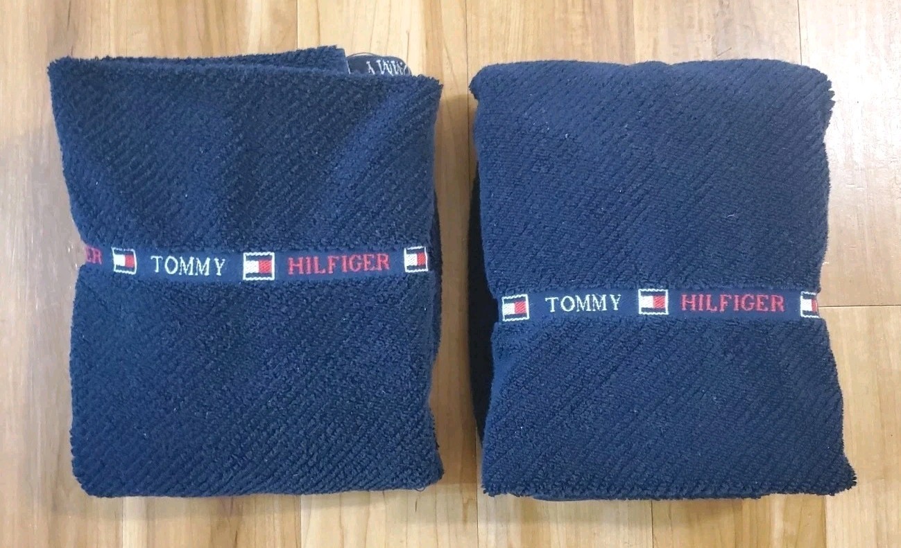 Vintage Tommy Hilfiger Navy Bath Towel Striped Logo Red White Blue Flag