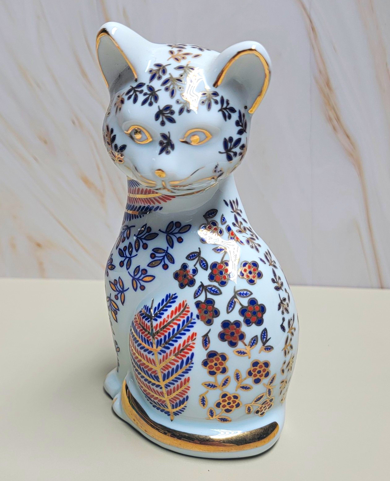 Floral Pattern Porcelain Cat Figurine w/ Gold Trim Blue & Orange Flowers Japan 