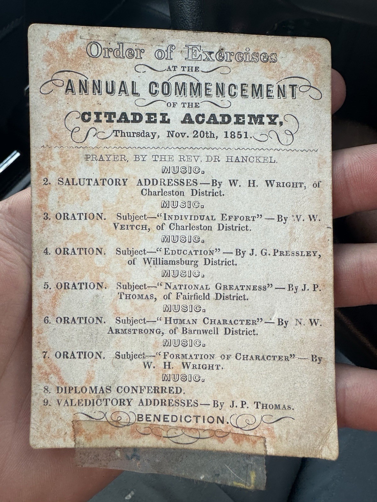 Citadel Academy Commencement Program Charleston SC Antebellum Confederate 1851