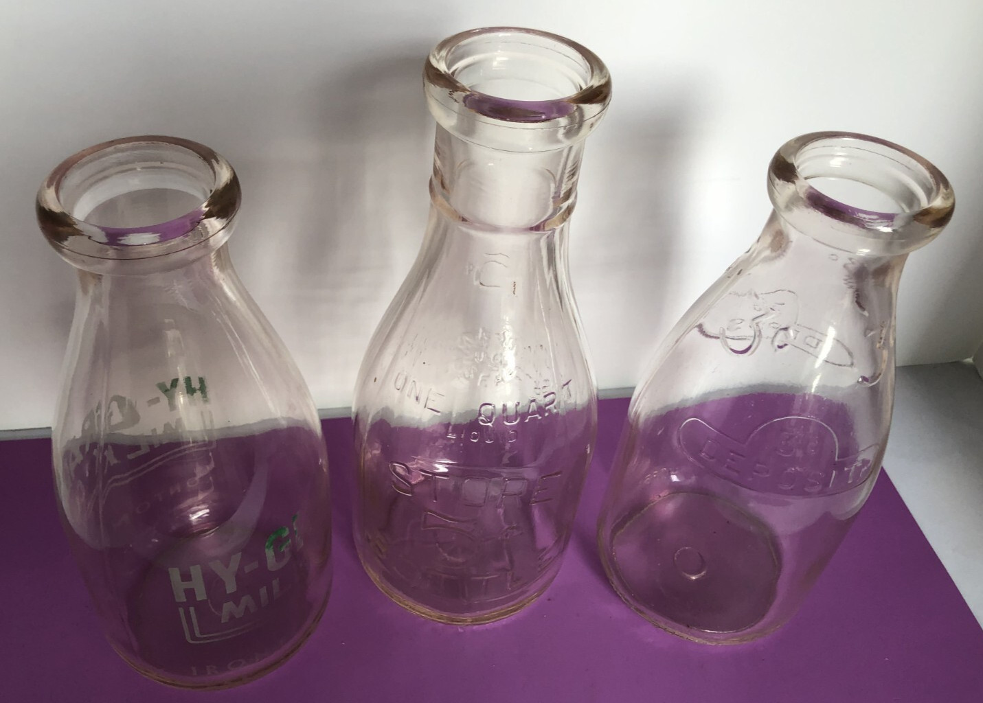 Vintage Embossed Milk Bottles - 1 Quarts - 5 Cent & 3 Cent Deposits - LOT of 3