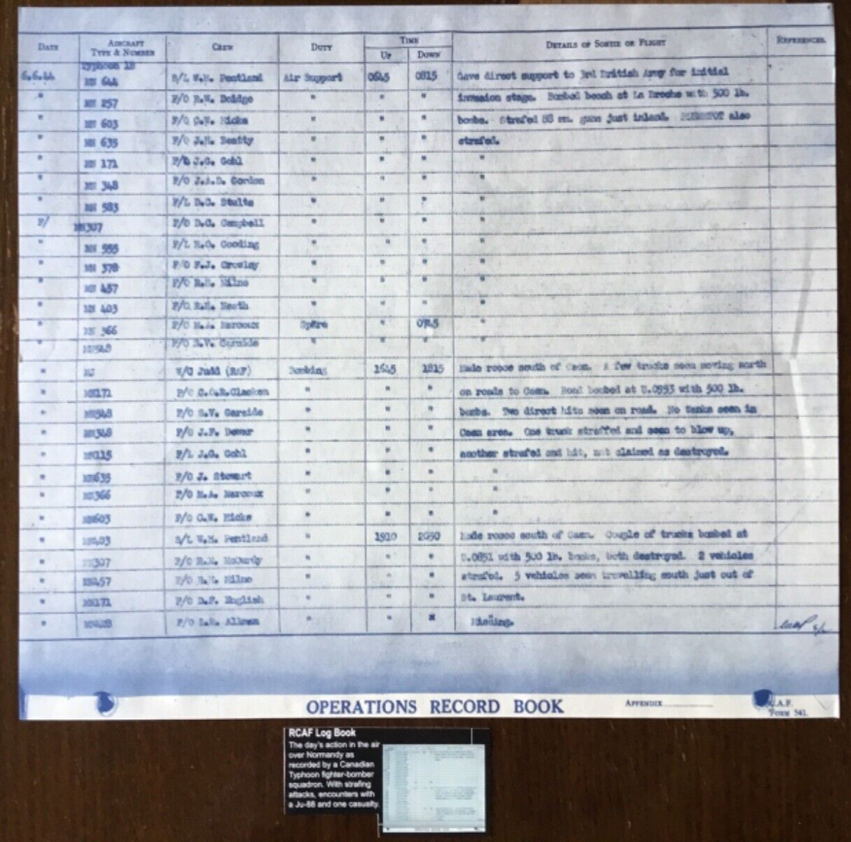WW2 D-DAY RCAF FLIGHT LOG OVER NORMANDY BY CANADIAN TYPHOON FIGHTER BOMBER Repro