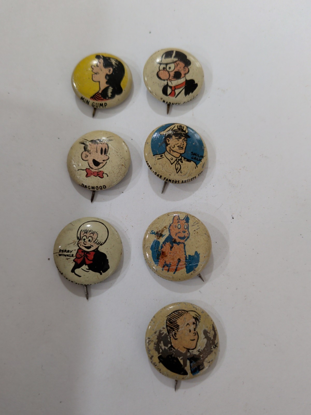 Lot of 7 Vintage 1945 Kellogg's PEP Cereal Premium Comic Pinback Buttons