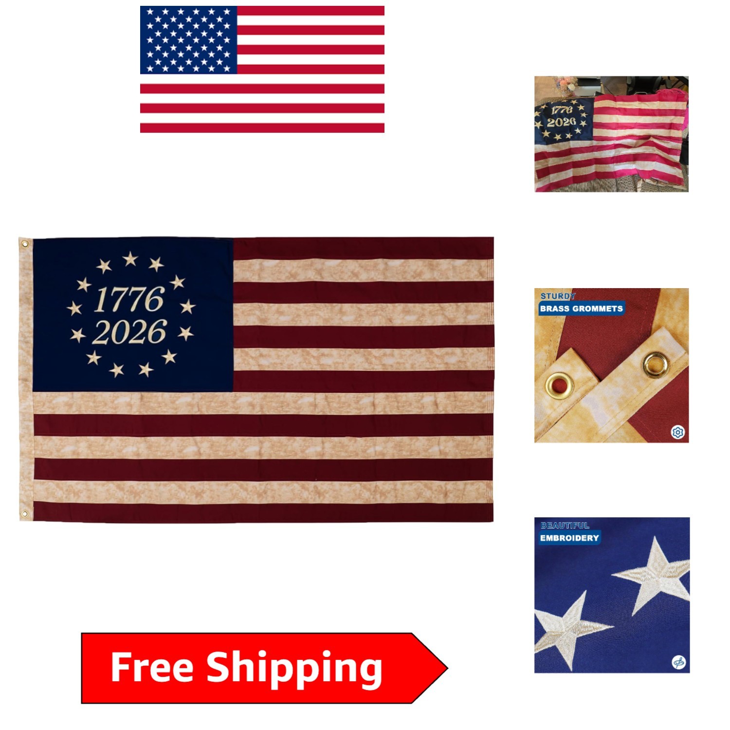 Durable Vintage 250th Anniversary Flag: 3x5ft Cotton with Embroidered Grommets