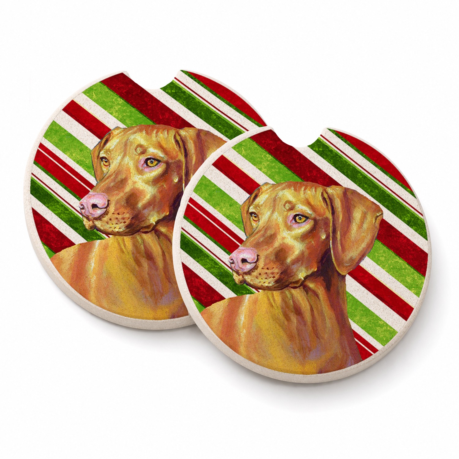 Caroline\'s Treasures Vizsla Candy Cane Christmas Set 2 Cup Holder Car Coasters