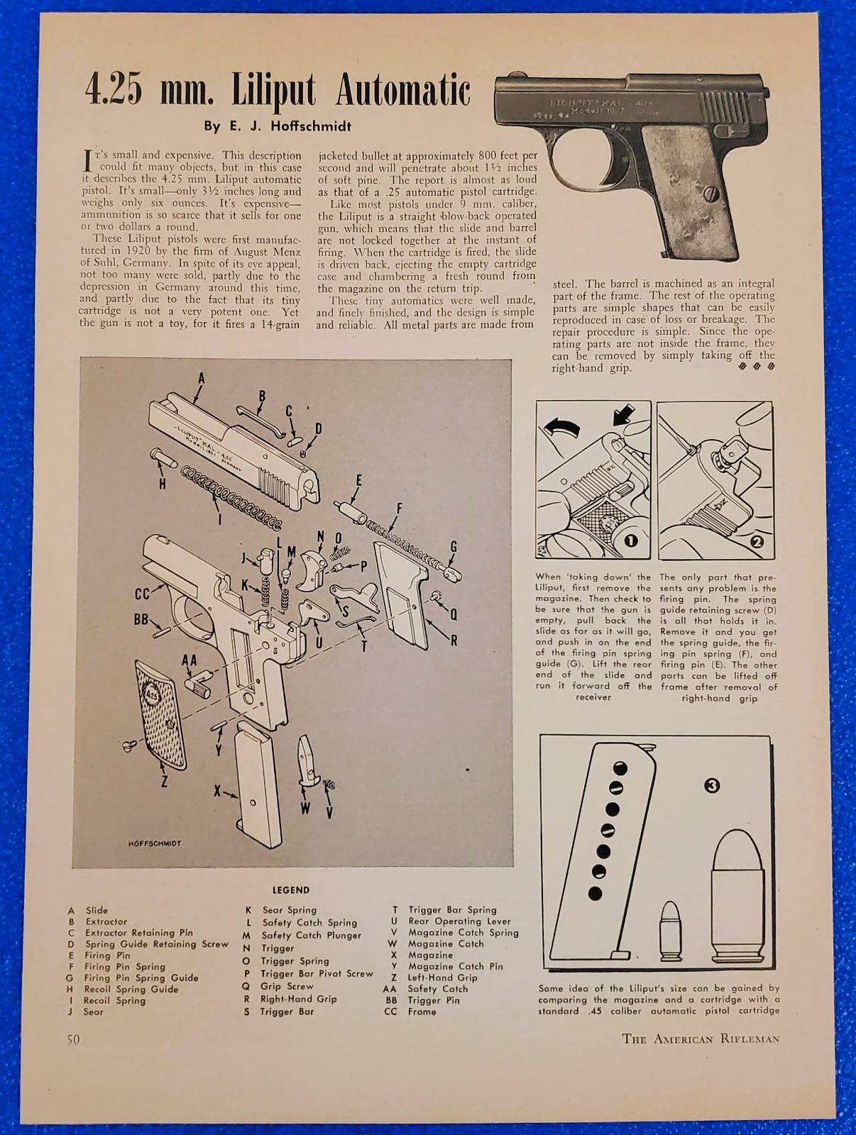 1956 4.25 mm. Liliput Automatic Pistol Illustrated Breakdown Vintage Print Ad