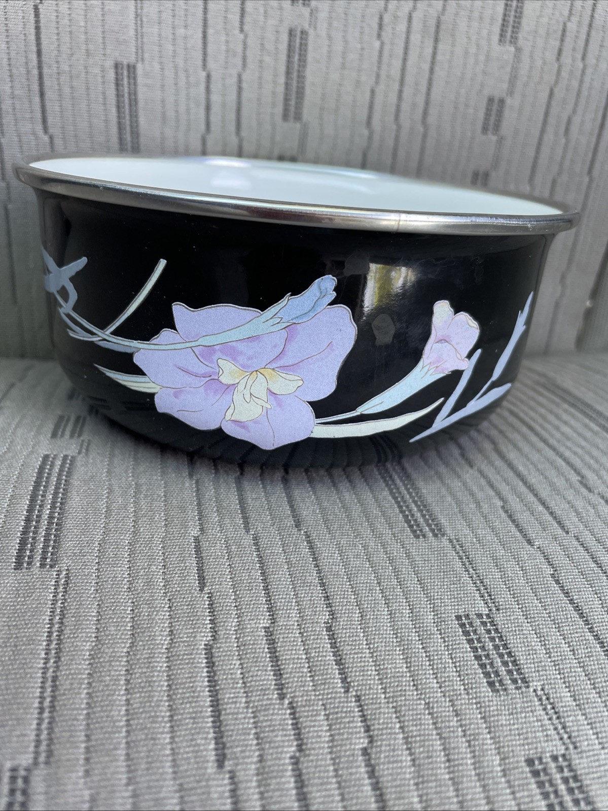 Vintage Mikasa Black Charisma Iris Floral Enamel Metal Nesting Bowl (one) No Lid