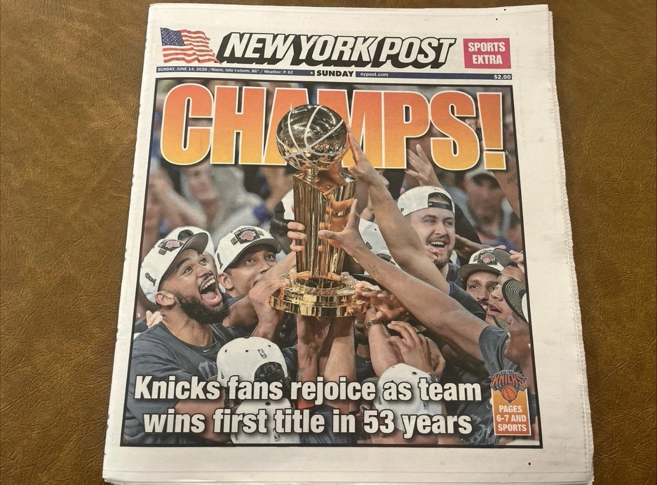 2026 New York Post June 14 NBA NEW YORK KNICKS WIN FINALS CHAMPIONSHIP 6/14