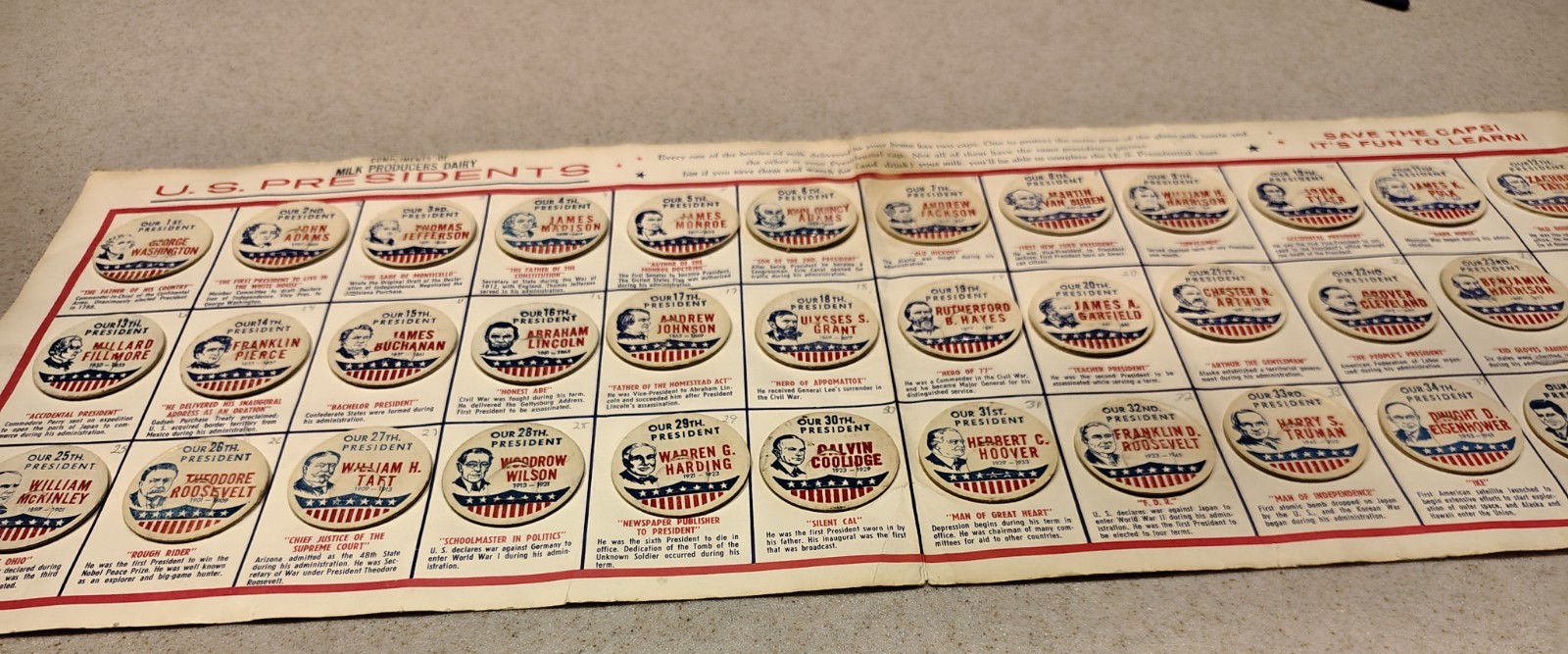 Rare Vintage 1962 US Presidents Milk Caps on Display Sheet