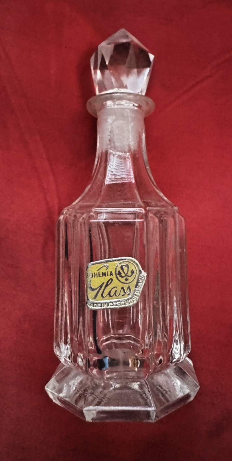 Vintage BOHEMIA Czech Clear Glass Perfume Bottle w/Stopper -Original Paper Label Vintage BOHEMIA Czech Clear Glass Perfume Bottle w/Stopper -Original Paper Label