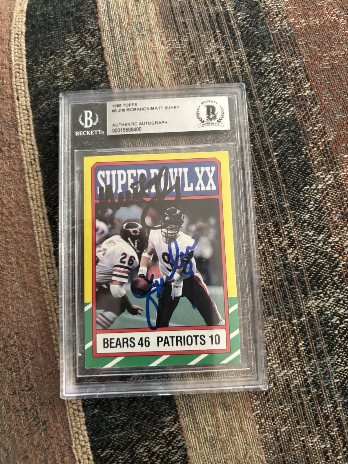 CHICAGO BEARS 1986 SUPERBOWL CARD AUTOGRAPHED BY JIM McMahon/ Matt SUHEY