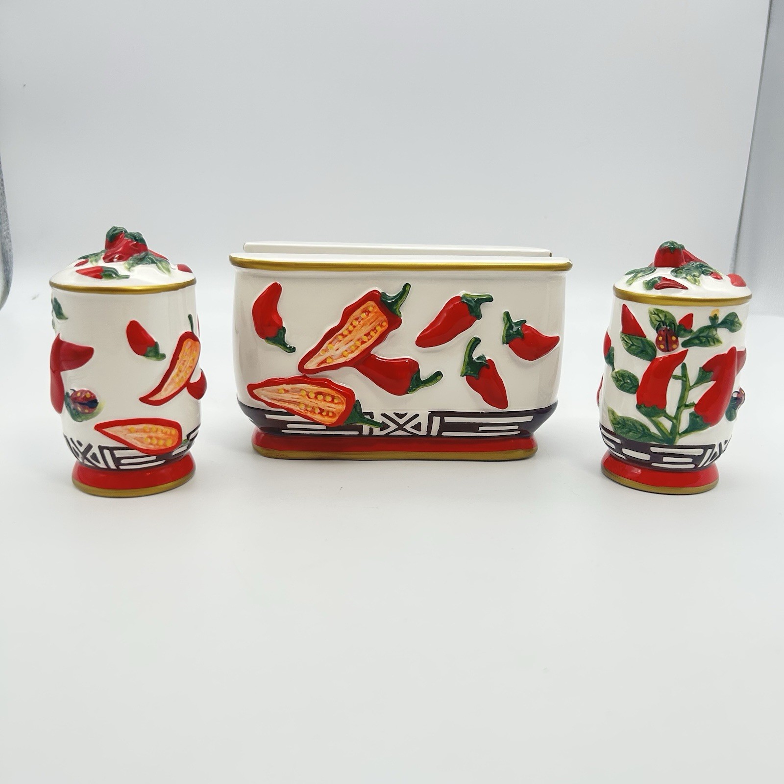 Vintage Chili Pepper Ceramic Tabletop Set 3-Piece Shakers & Napkin Holder