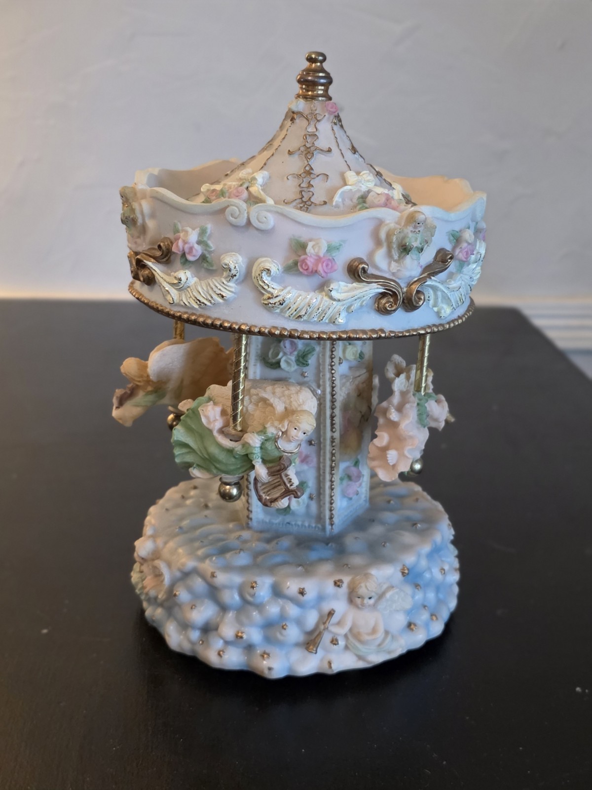 Vintage Pastel Musical Carousel Figurine Featuring Sculpted Angelic Figures 10\
