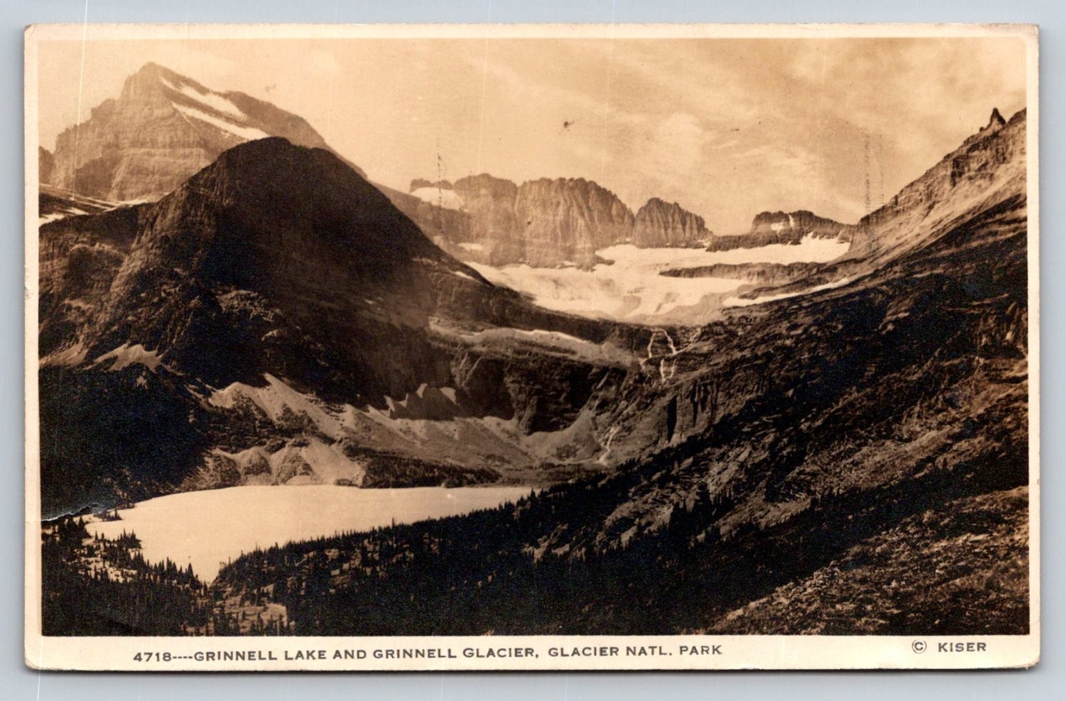 Vintage Kiser Postcard Grinnell Lake Glacier National Park Montana Sepia RPPC