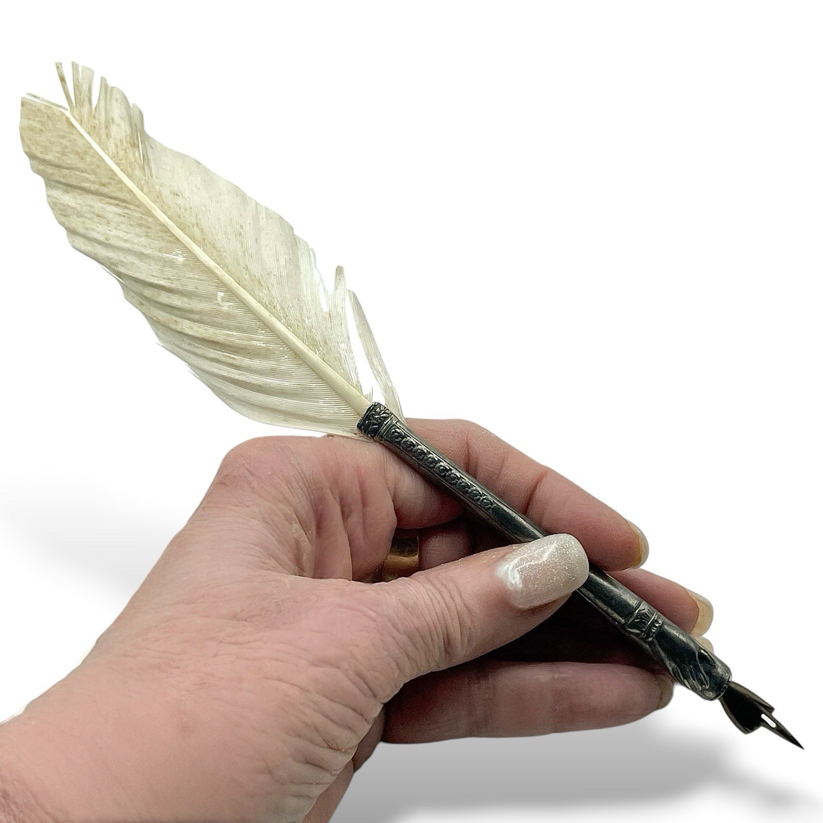 Antique Victorian DIP PEN Double Metal Hand Original White Feather 9” England