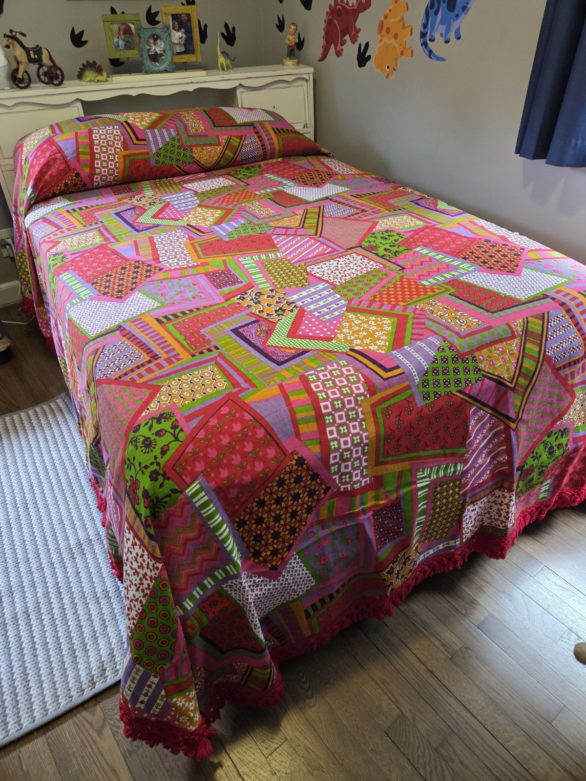 Bates Bedspreads Patchwork 60s 70s Funky Bright Double Fringe Curtains Lot