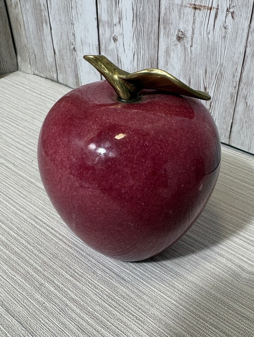 Vintage Red Alabaster Marble Stone Apple Brass Leaf Stem Paperweight Decor
