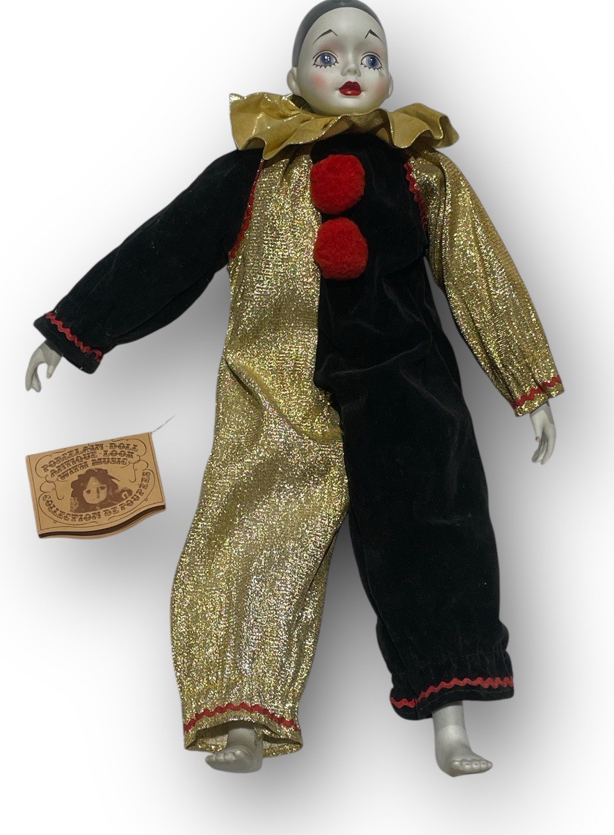 Vintage Madame Verte Porcelain Musical Clown Doll Wind Up Back Collectible 18”