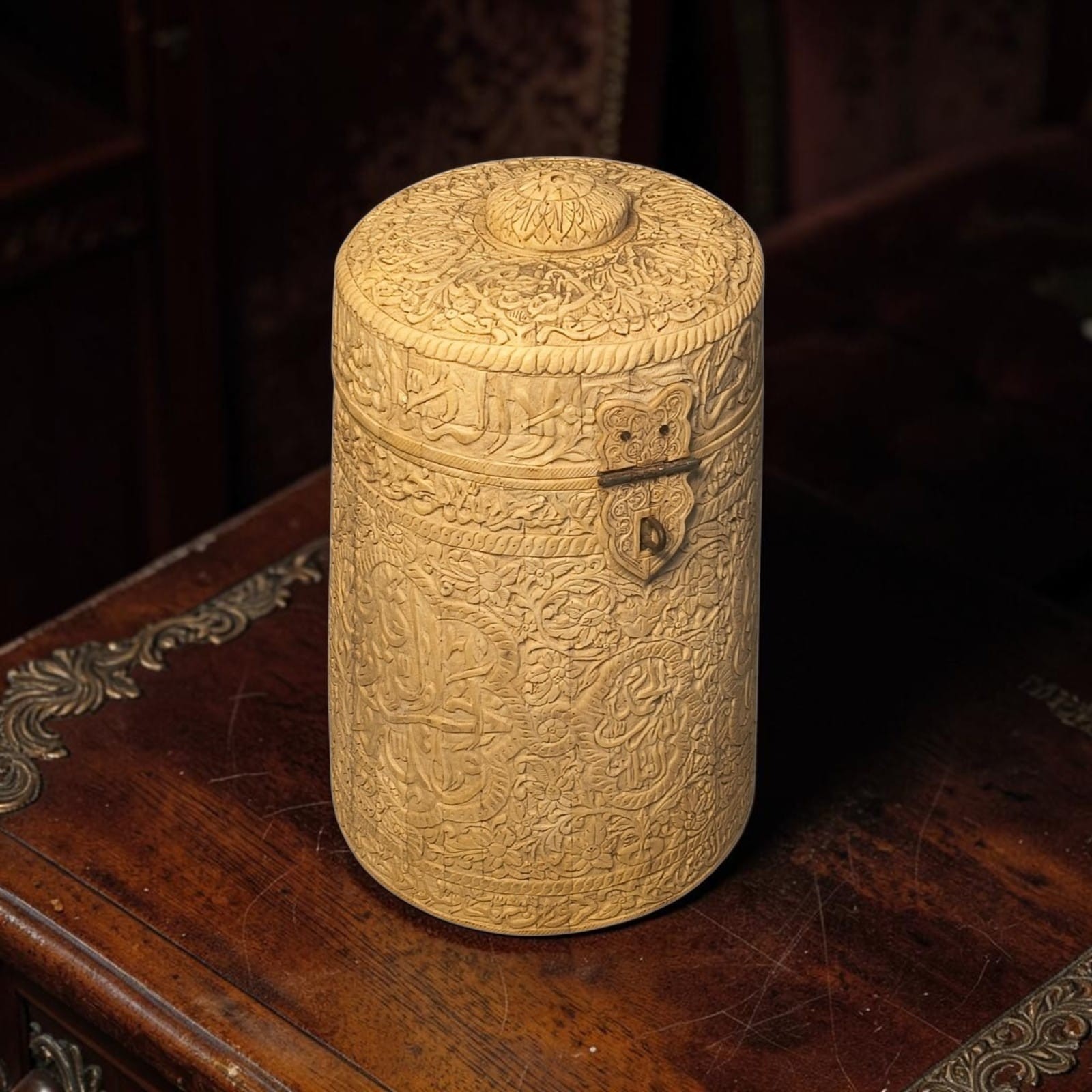 Antique camel bone hand engraved decorative storage box with clasp