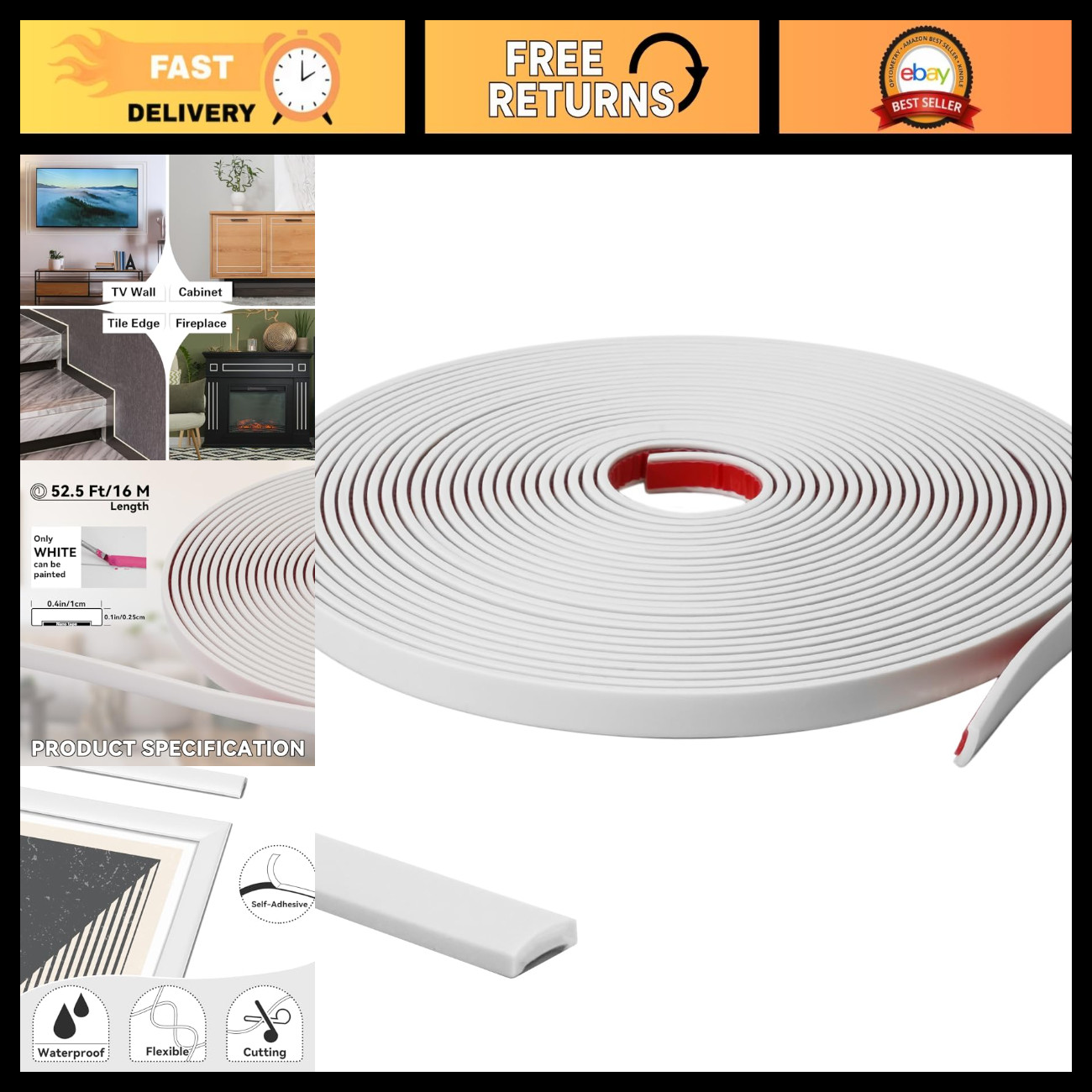 52.5 Ft Flexible Peel and Stick Wall Molding Trim - Easy Install PVC Decor 52.5 Ft Flexible Peel and Stick Wall Molding Trim - Easy Install PVC Decor