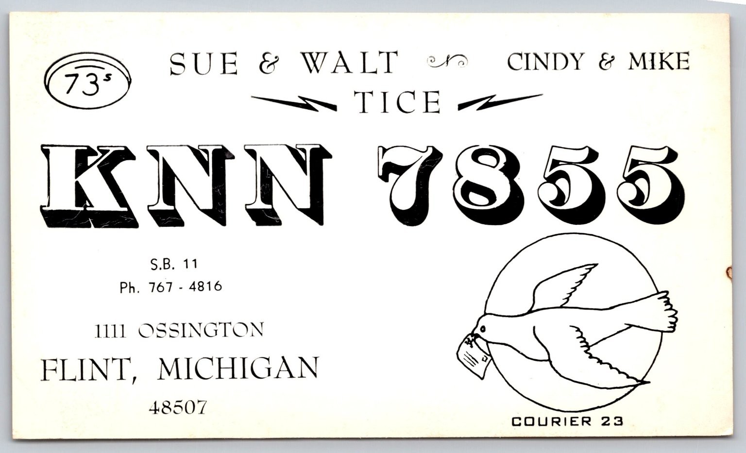 Vintage CB Radio QSL Card - KNN 7855 Tice - Flint, Michigan - 1960s-70s C190