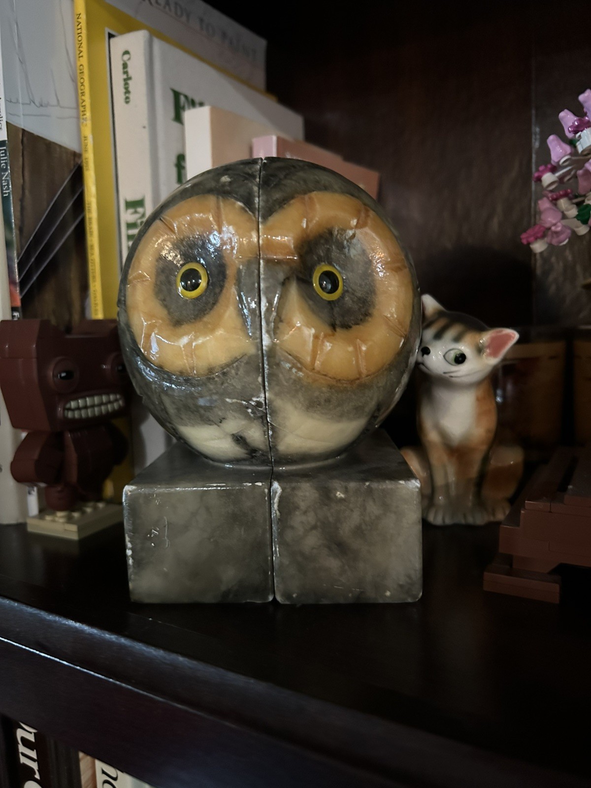 Vintage Owl Bookends MID-CENTURY MODERN Alabaster Hand Carved  ITALY Glass Eyes