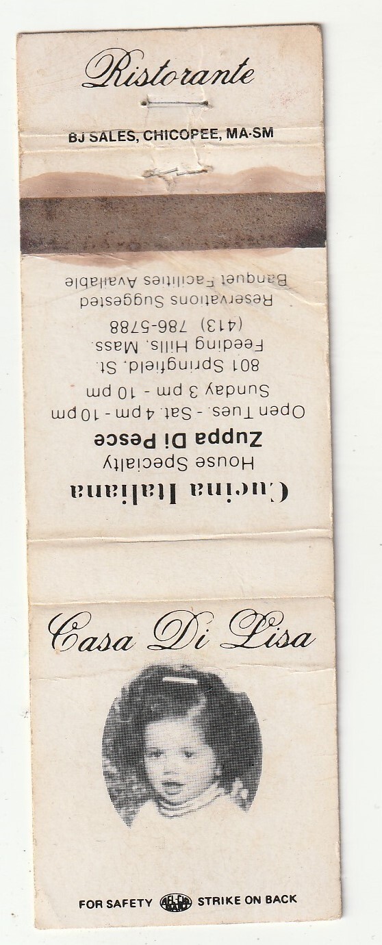 MATCHBOOK COVER - CASA DI LISA - CUCINA ITALIANO - FEEDING HILLS MASSACHUSETTS