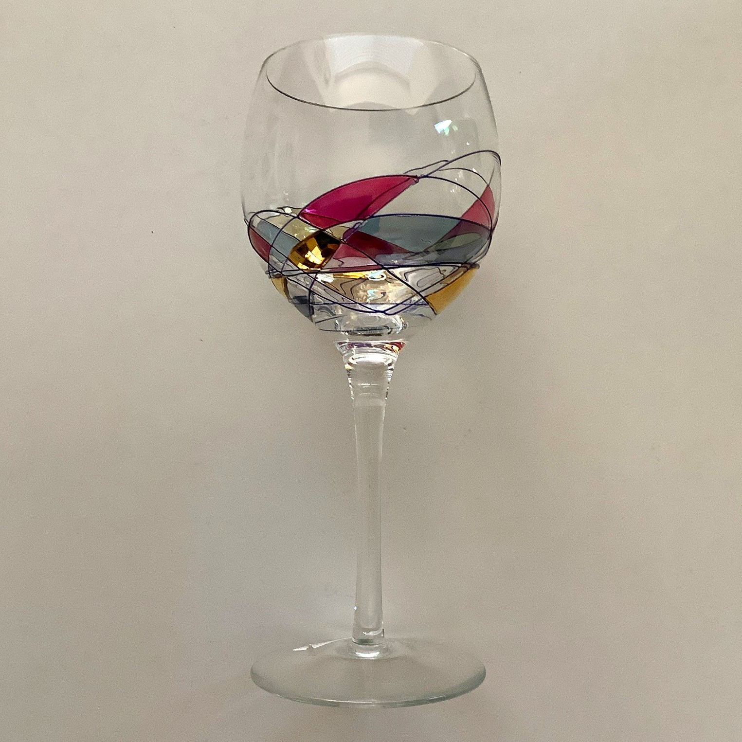 Handmade Romania Crystal Art Glass Stemmed Wine Glass Abstract Multicolor