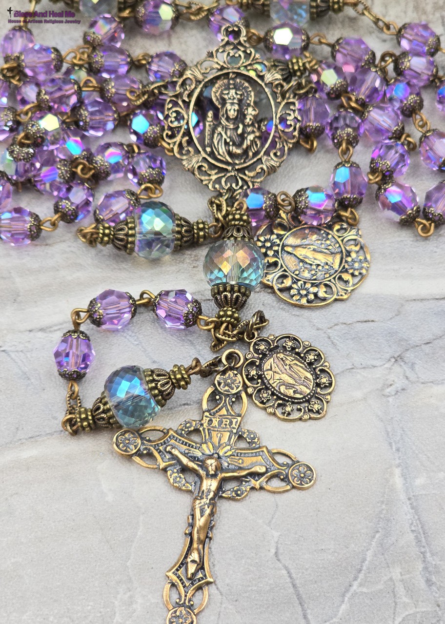 Crowned Mother, Lourdes, Miraculous Mary Rosary-Bronze, Violet Swarovski Crystal