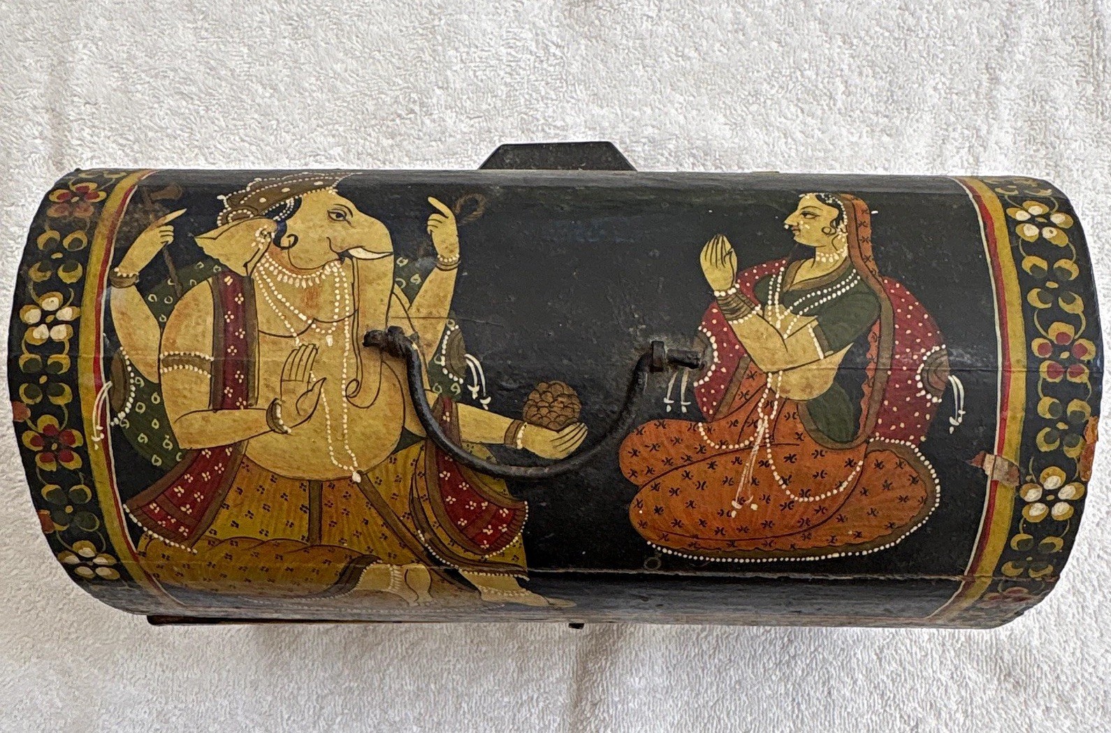 Vintage Mughal / Rajastha Ni Hand Painted Wood Trinket Storage Box, Ganesha 