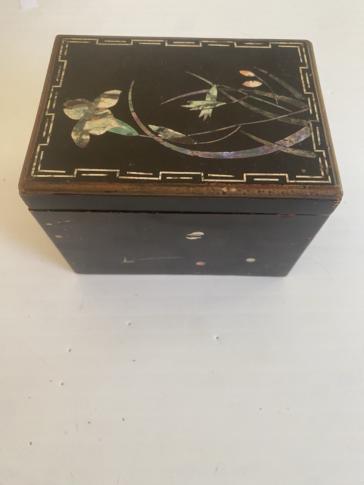 Antique Lacquered Inlaid Card Box Continental with Floral Motif c. 1860 France