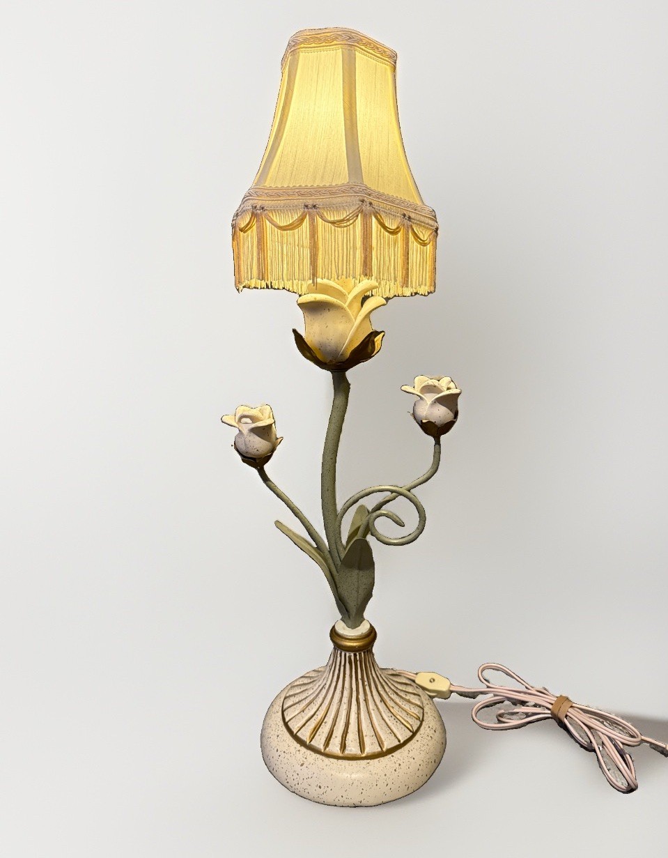 Vintage Shabby Chic Rose Accent Table Lamp Fringe Shade Cottagecore Cream Gold