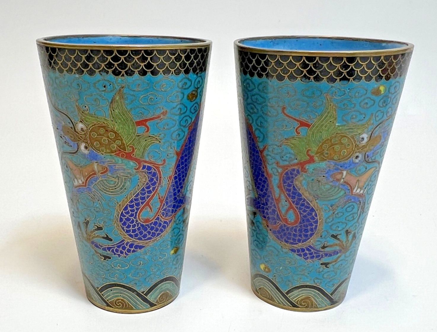 Late Qing Antique Chinese Cloisonee Enamel Brass Beaker Cup Pair Dragon Clouds