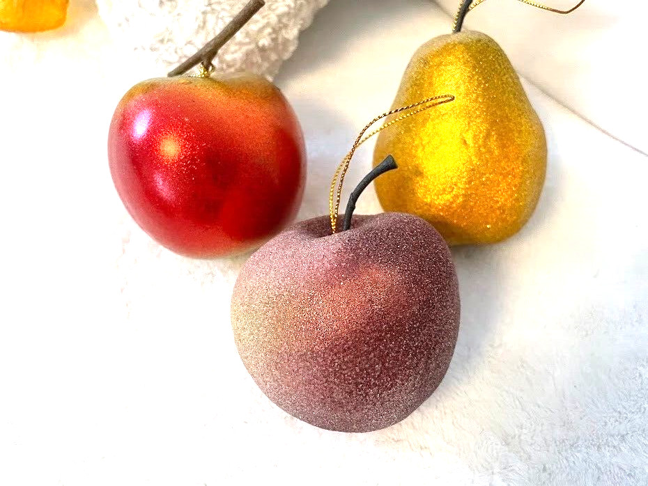 3 Shiny SUGAR COATED Fruit Christmas ornament lot Pear Apple PLUM 4 3 Shiny SUGAR COATED Fruit Christmas ornament lot Pear Apple PLUM 4