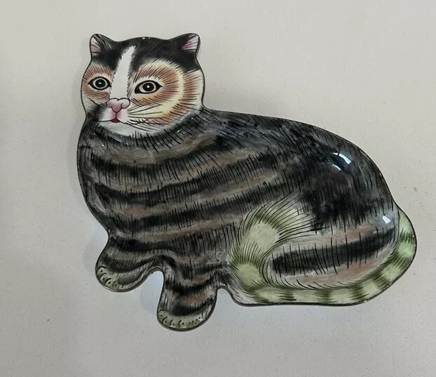Brass Enamel Cat Figurine Dish Tray MILLE FLEURS Hand Painted Seymour Mann Inc