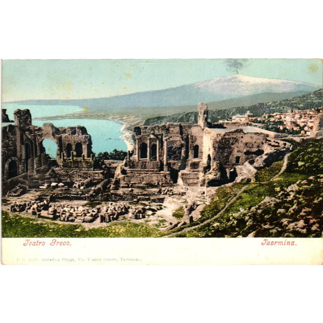 Vintage Teatro Greco Taormina Sicily Postcard Purger & Co Mount Etna Italy Ruins