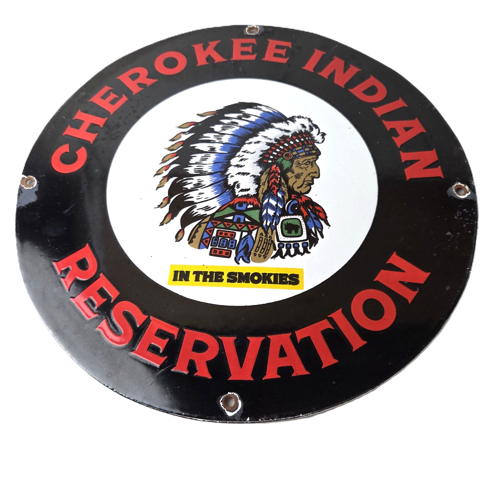 Vintage Cherokee Indian Reservation Sign - Smokies Native Porcelain Gas Sign