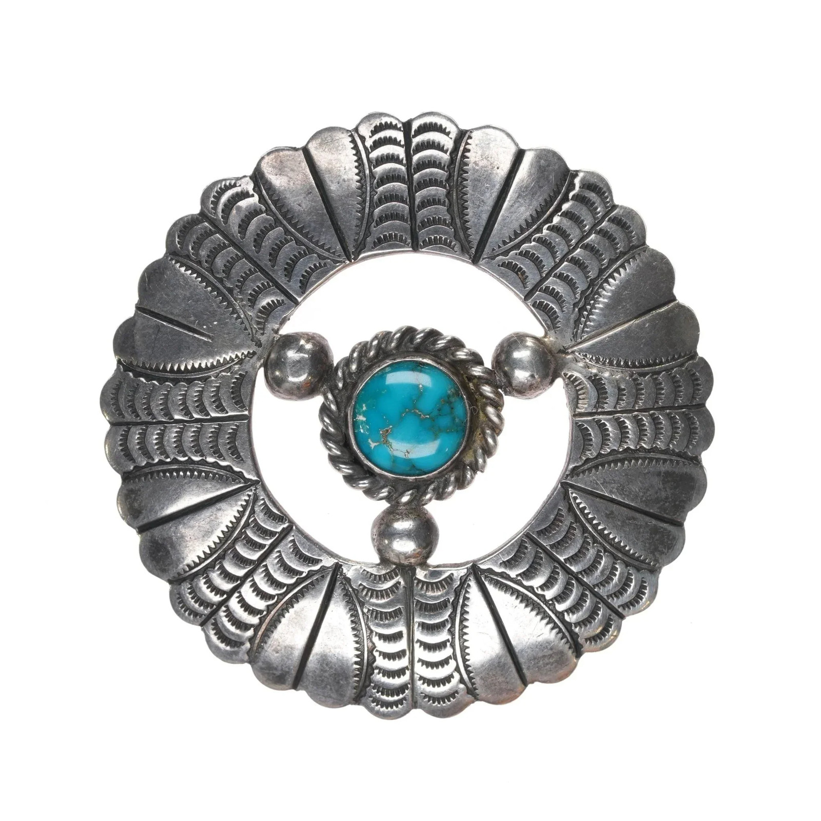 c1940\'s Navajo heavily stamped pin with high grade turquoise